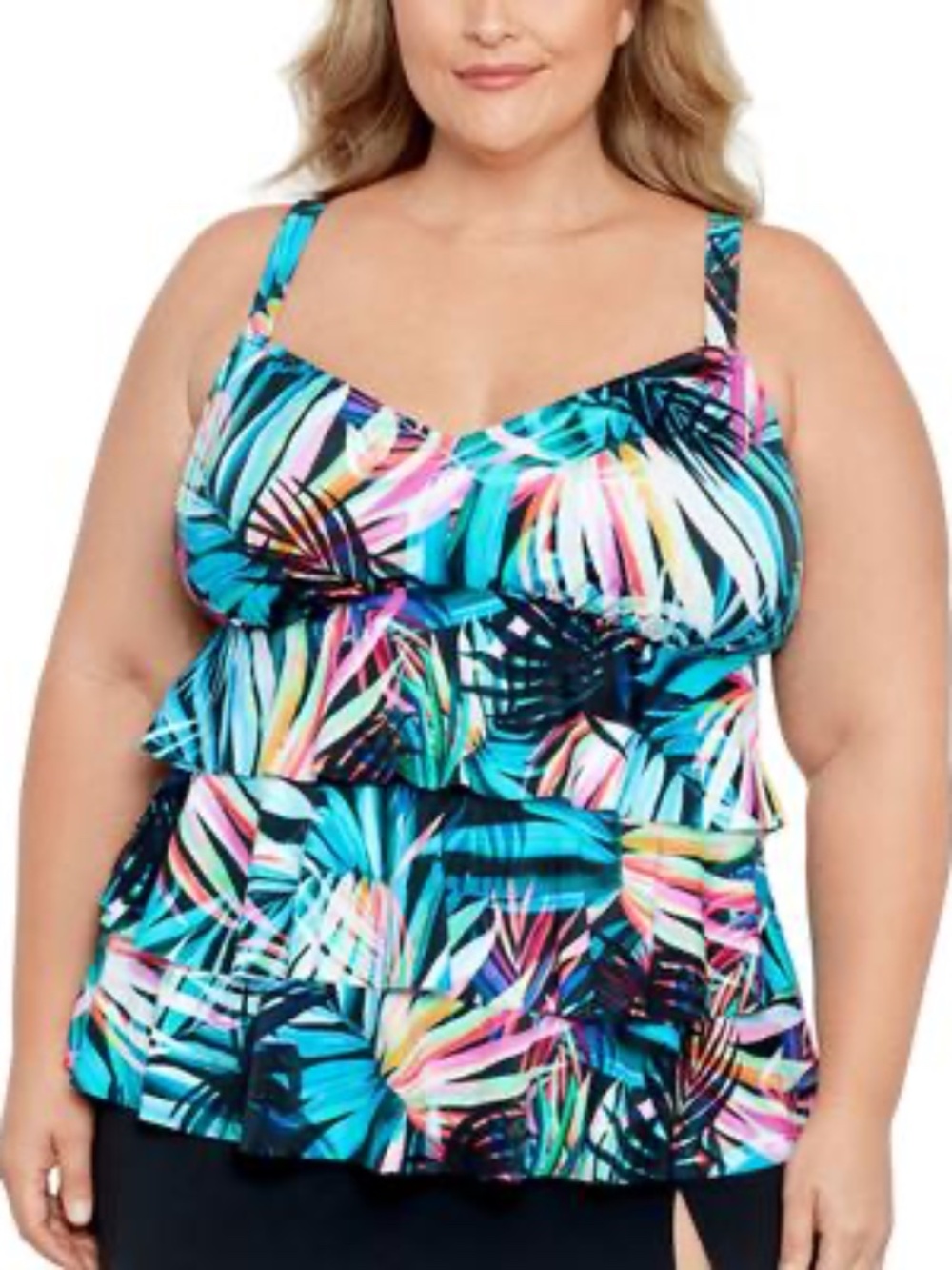 Swim Solutions Plus Size Triple Tier Tankini,Fiesta Fronds
